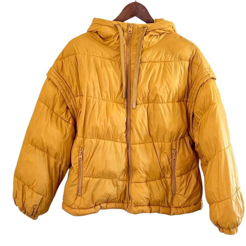 Zara Mustard Yellow Puffer Jacket Cropped water Repellent Detachable Sleeves Sm